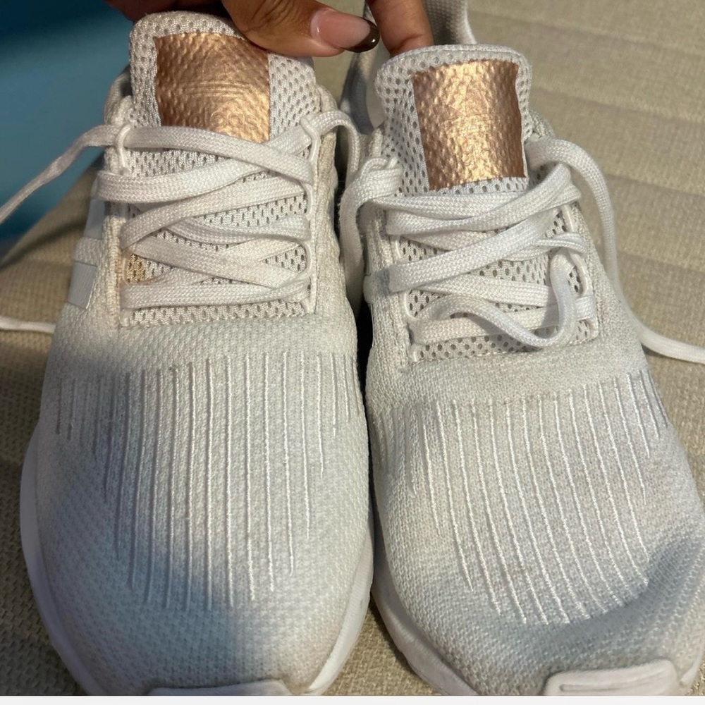 White Adidas Sneakers with Rose Gold Tongue Accent